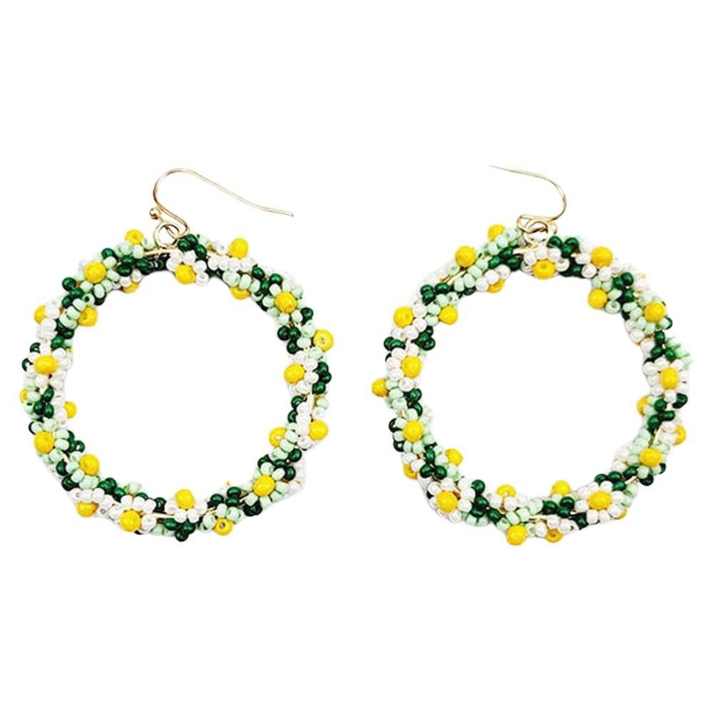 Beaded Flower Hoop Earrings / Green