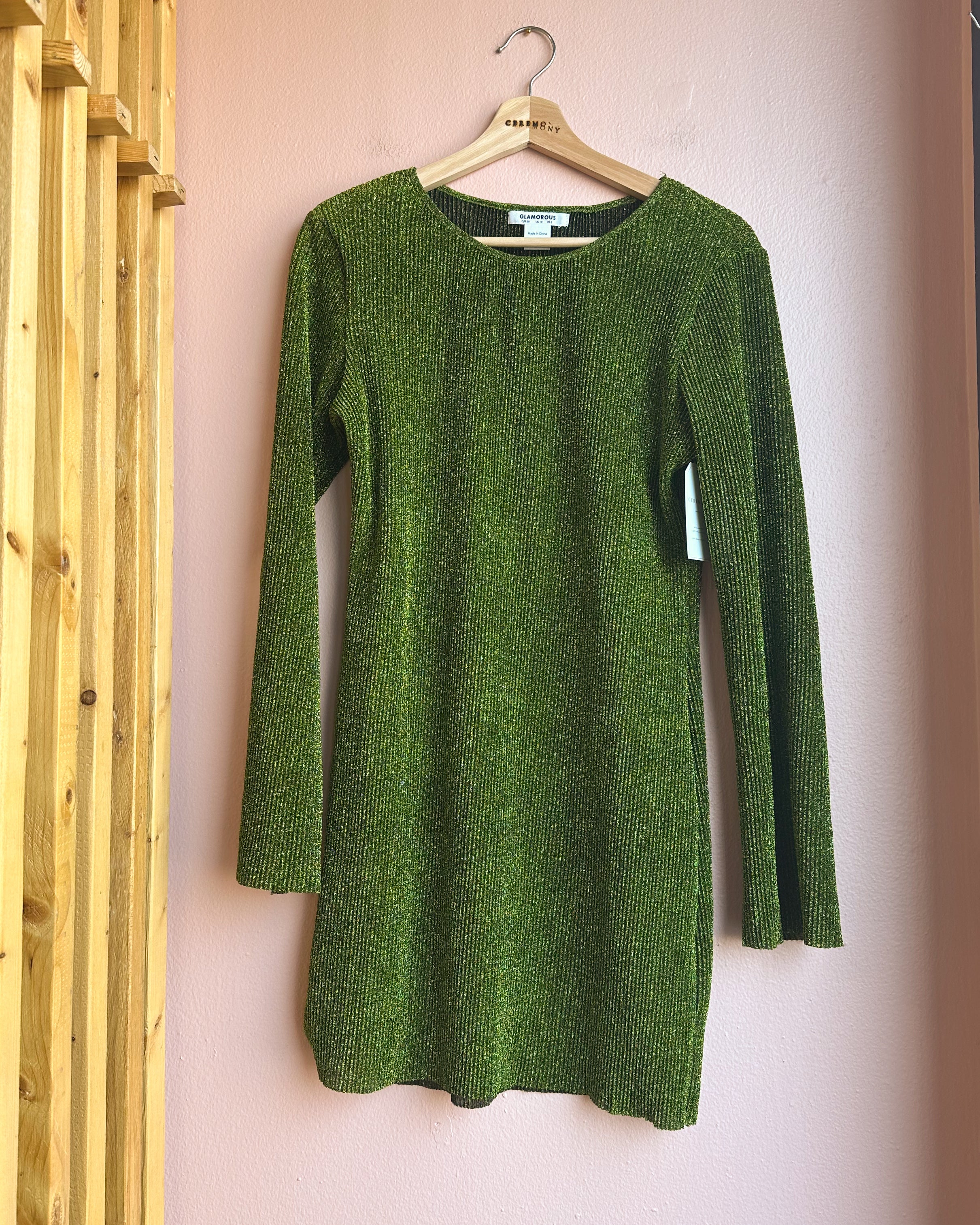 Green Sparkle Plissé Mini Dress