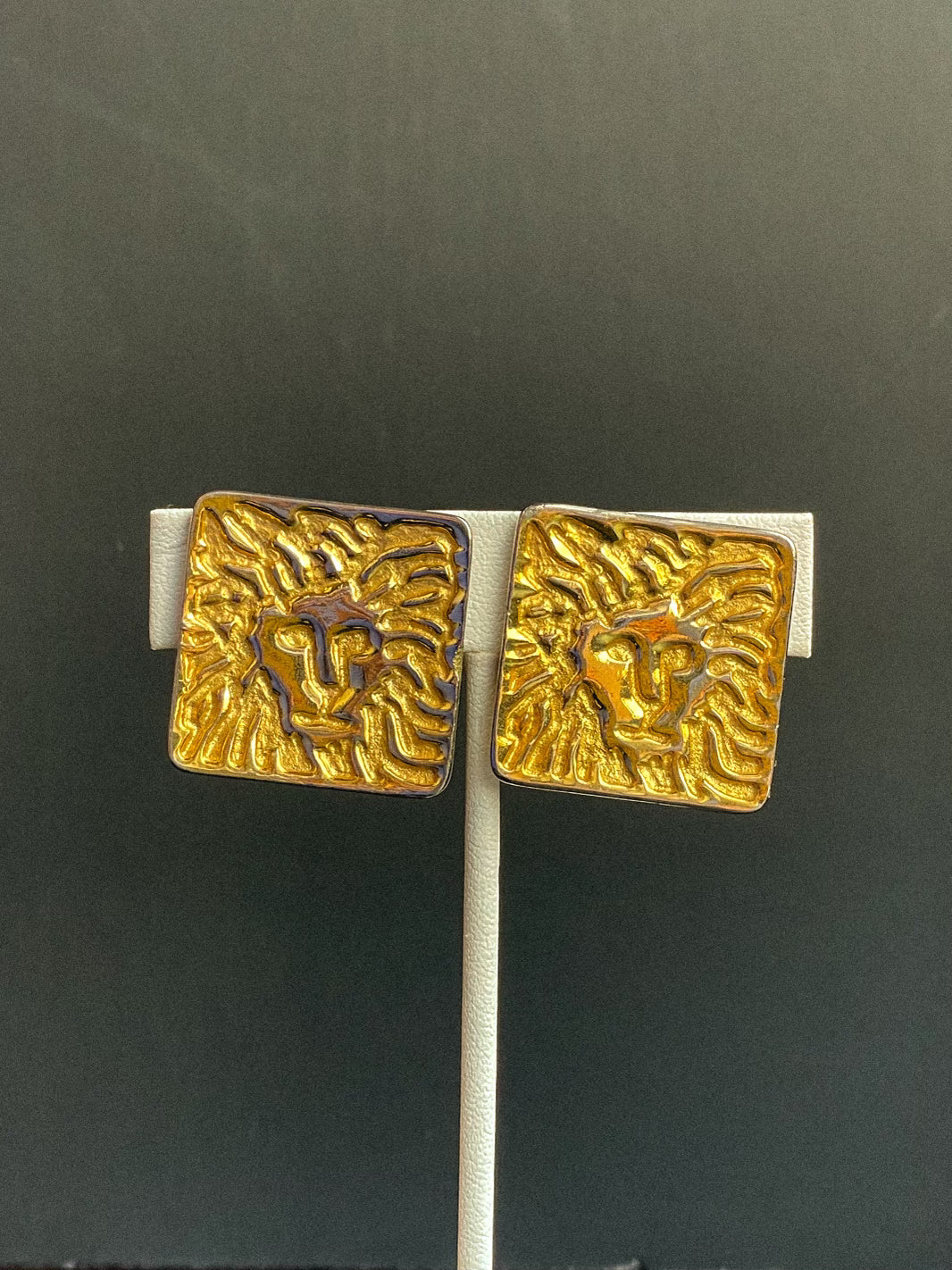 Vintage Anne Klein Gold Tone Square LION Logo Clip On Earrings
