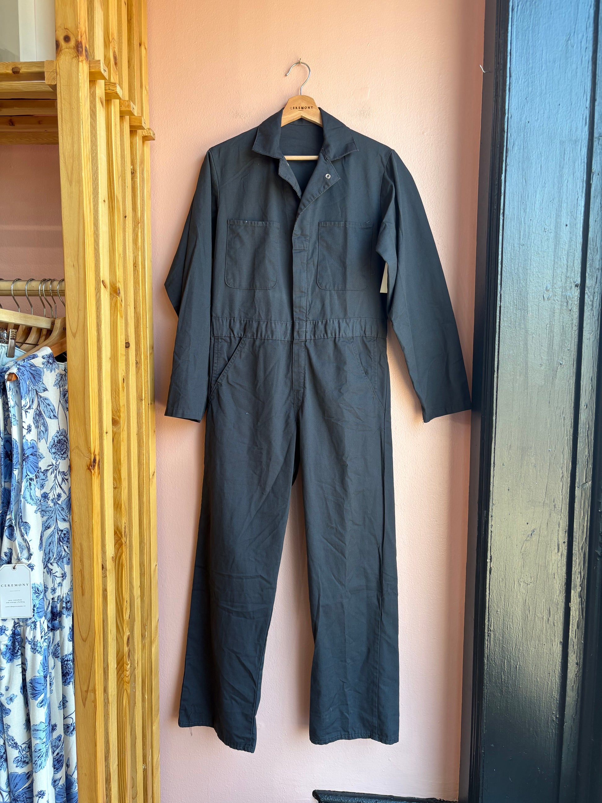 Vintage Deadstock Red Cap Long Sleeve Mechanic Jumpsuit / Dark Grey