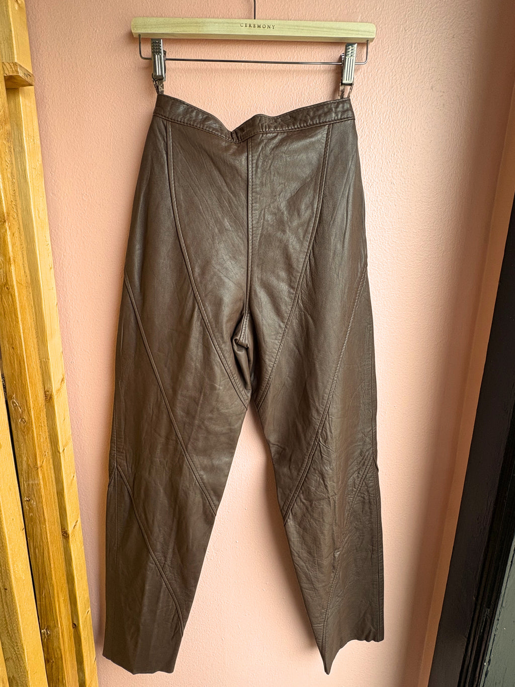 Chocolate Leather Straight Leg Pants / Size 44