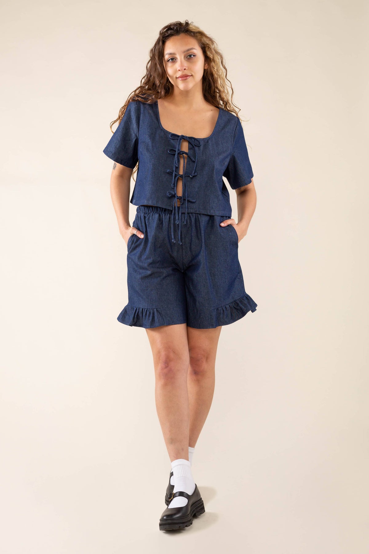 Denim Tie Short Sleeve - Plus Size