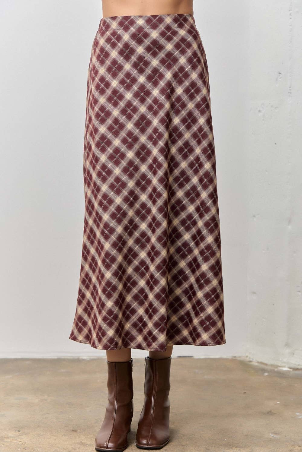 Plaid Elastic Waist Midi Skirt