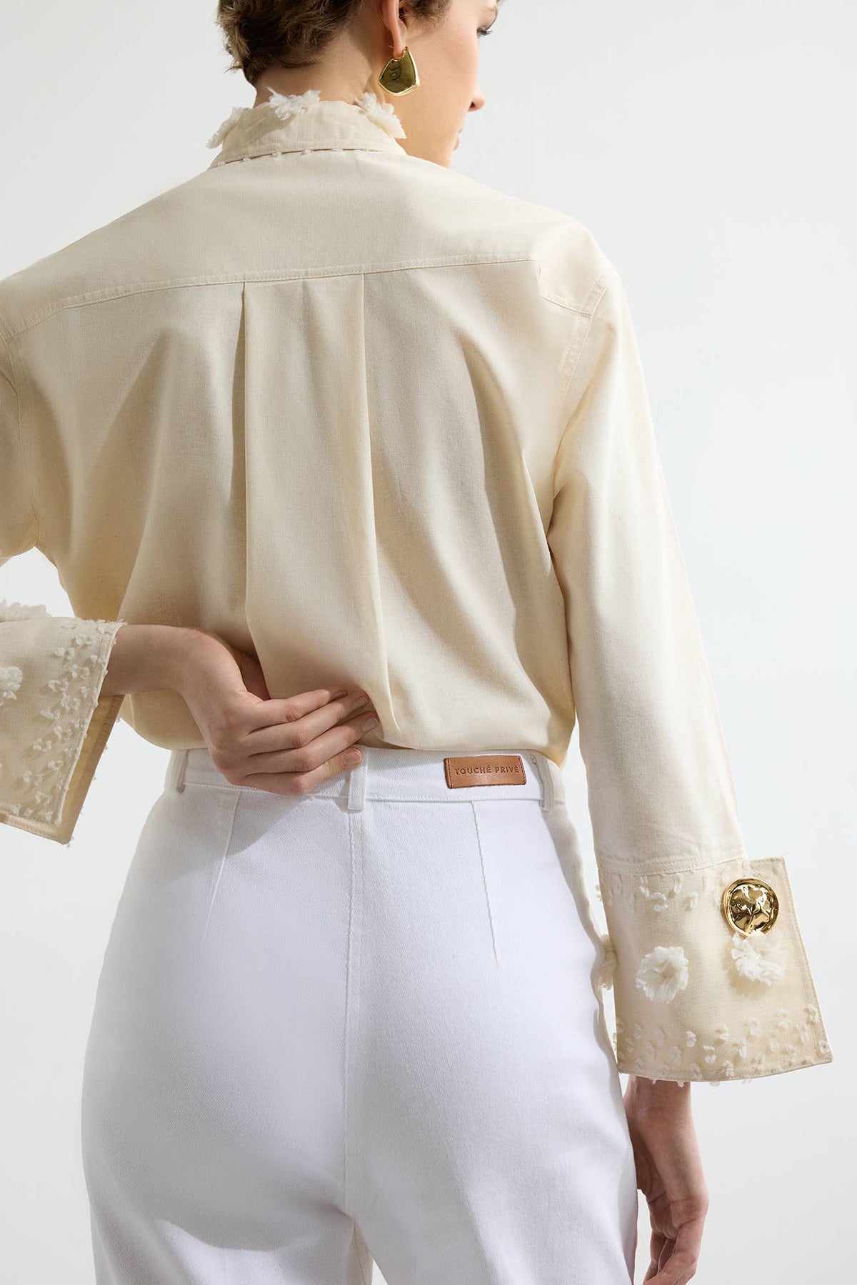 Embroidered Viscose Shirt With Flower Detailed Cuff