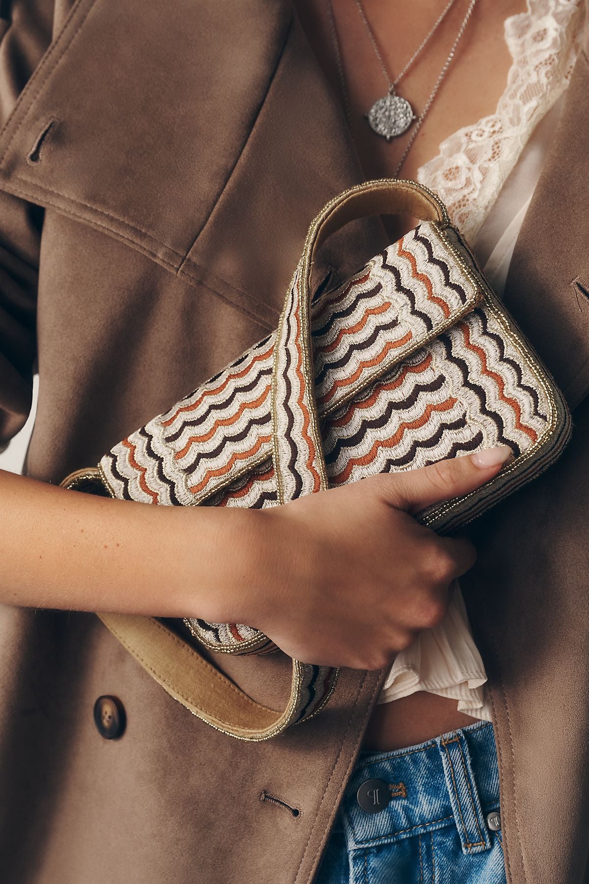 Fiona Beaded Bag: Geometric Edition in Neutral Textile