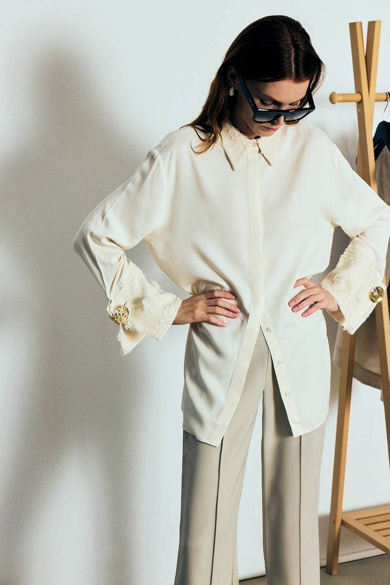 Embroidered Viscose Shirt With Flower Detailed Cuff