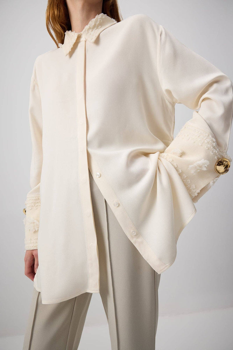 Embroidered Viscose Shirt With Flower Detailed Cuff