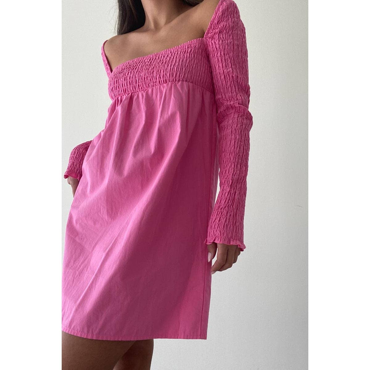 Delia Smocked Cotton Dress in Flamingo
