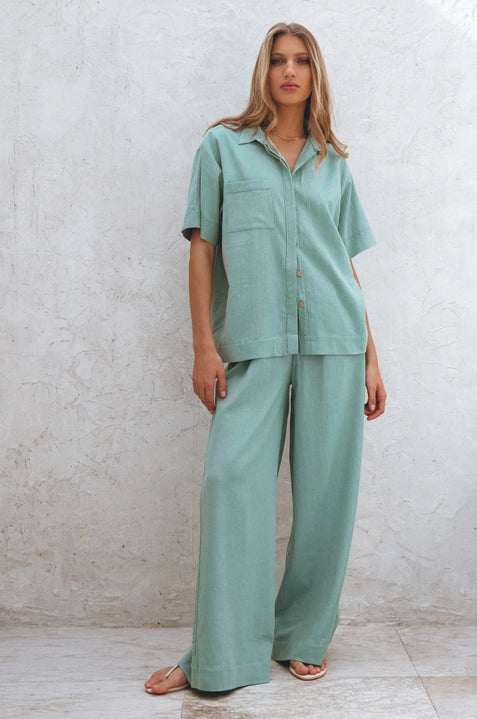 Raya Wide Leg Linen Pants in Sage