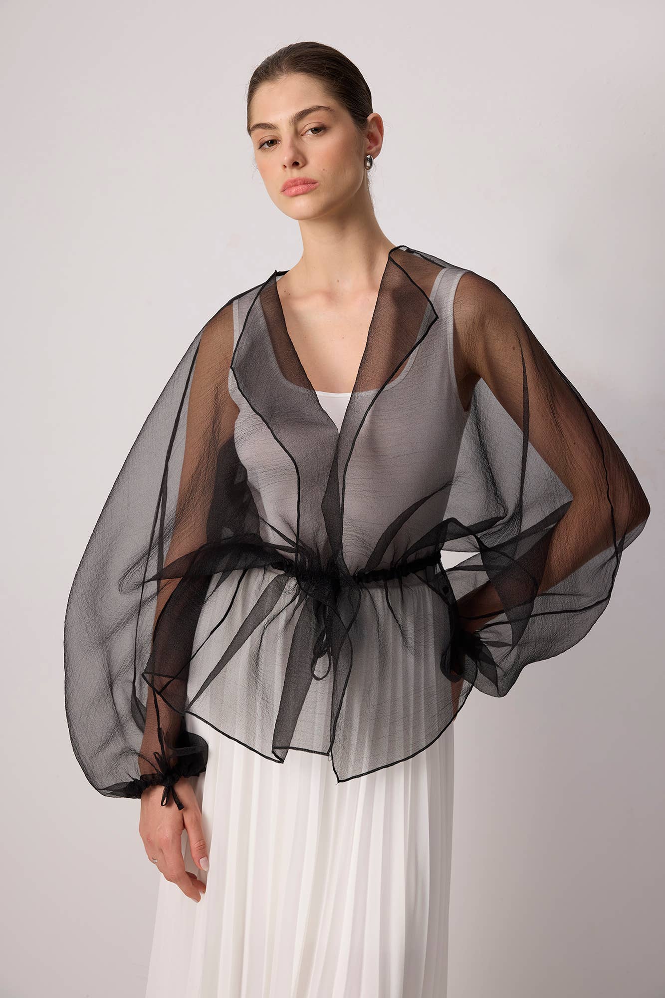 Sheer Organza Jacket with Waist Tie / Black