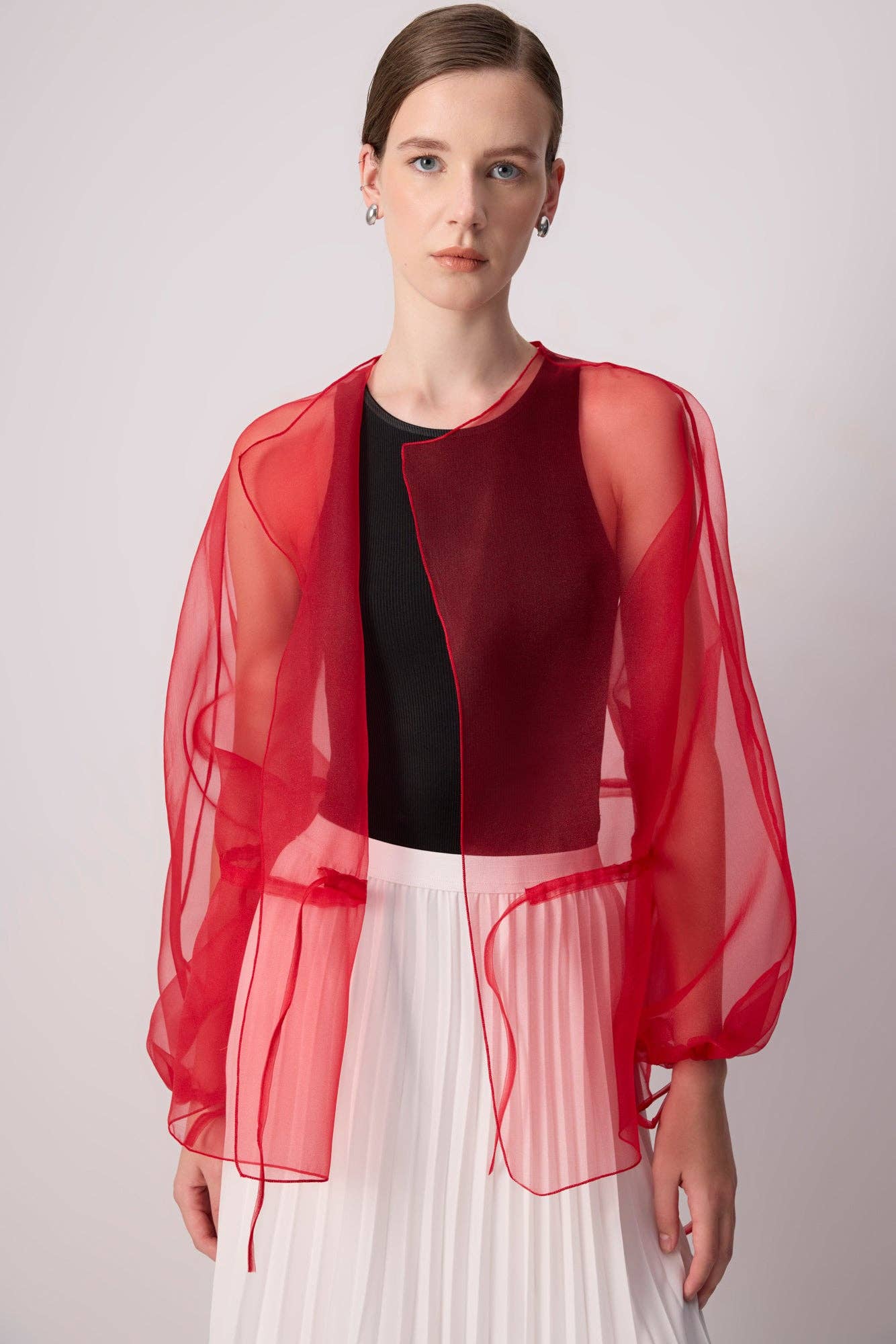 Sheer Organza Jacket with Waist Tie / Red