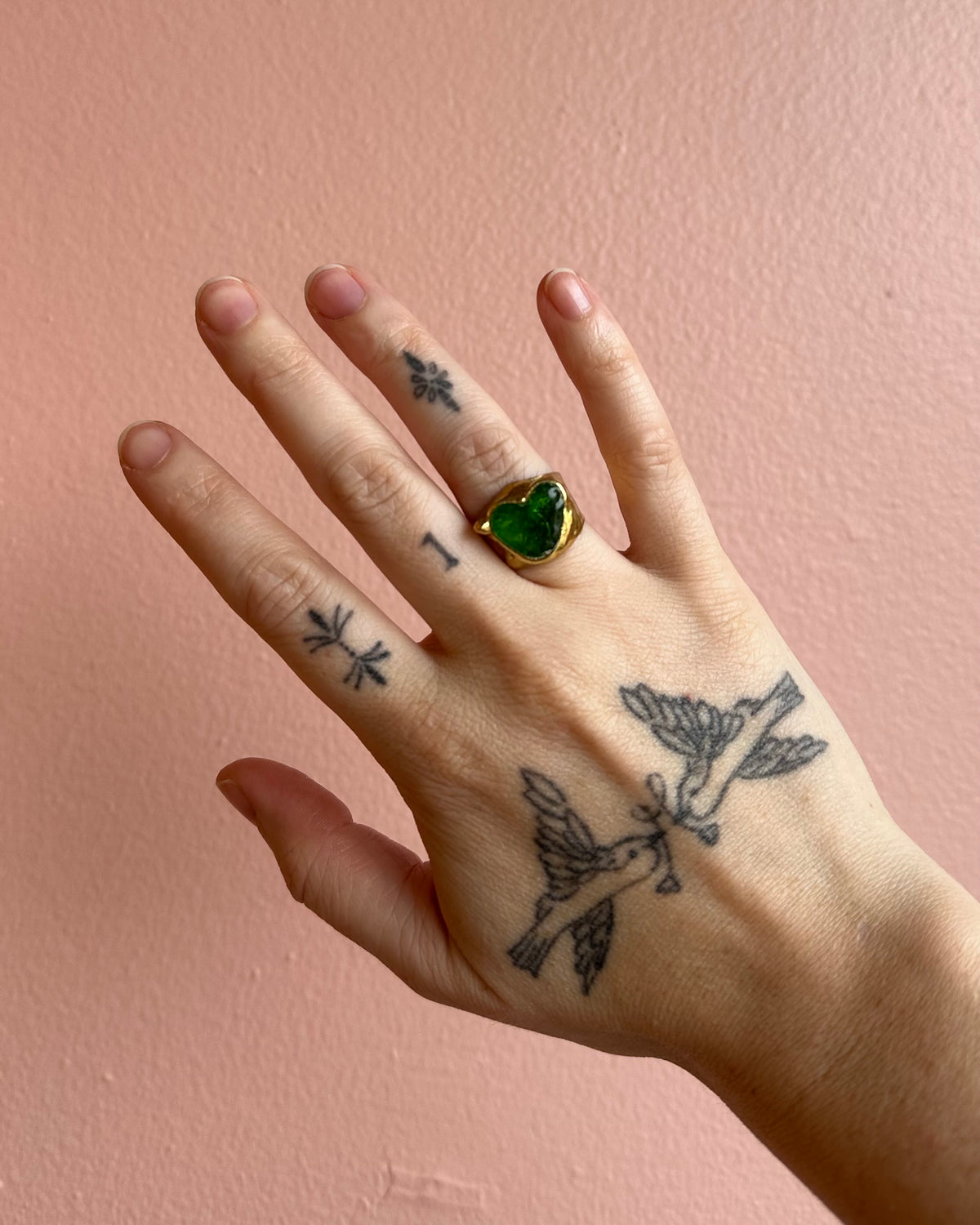 Brass / Green Glass Heart Ring