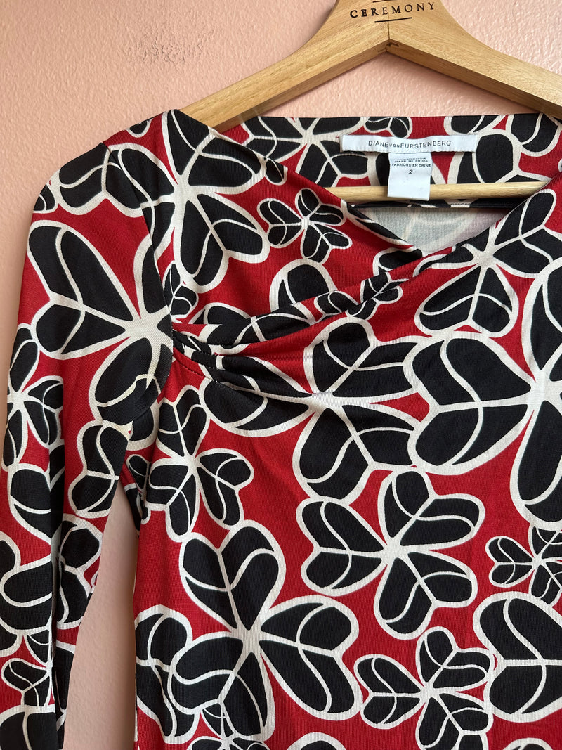 Diane Von Furstenberg Red Print Silk Mini Dress / Sz XS