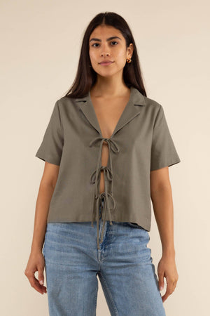 Nico Linen Short Sleeve Tie Blouse