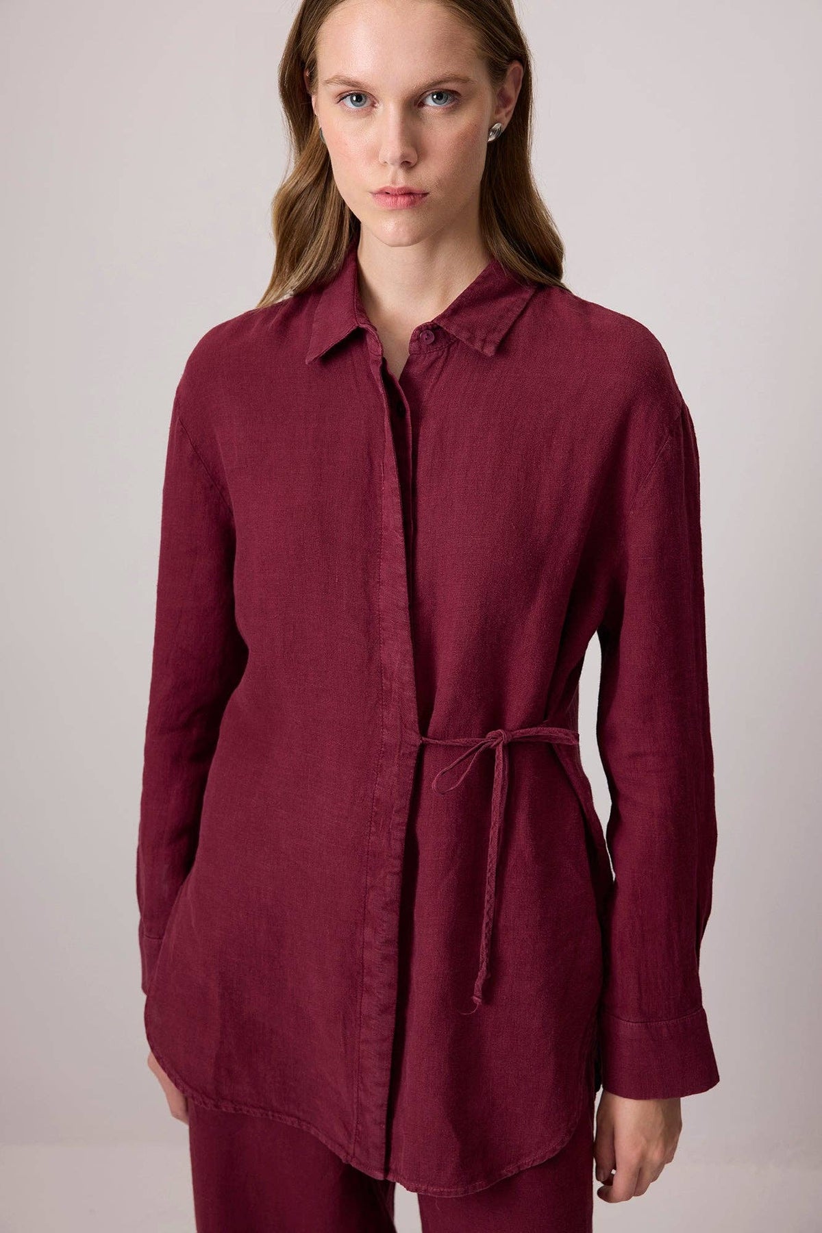 Linen Tie-Waist Shirt / Oxblood