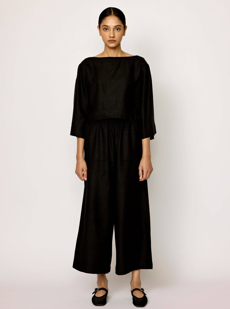 Popover Top in Black Silk Noil