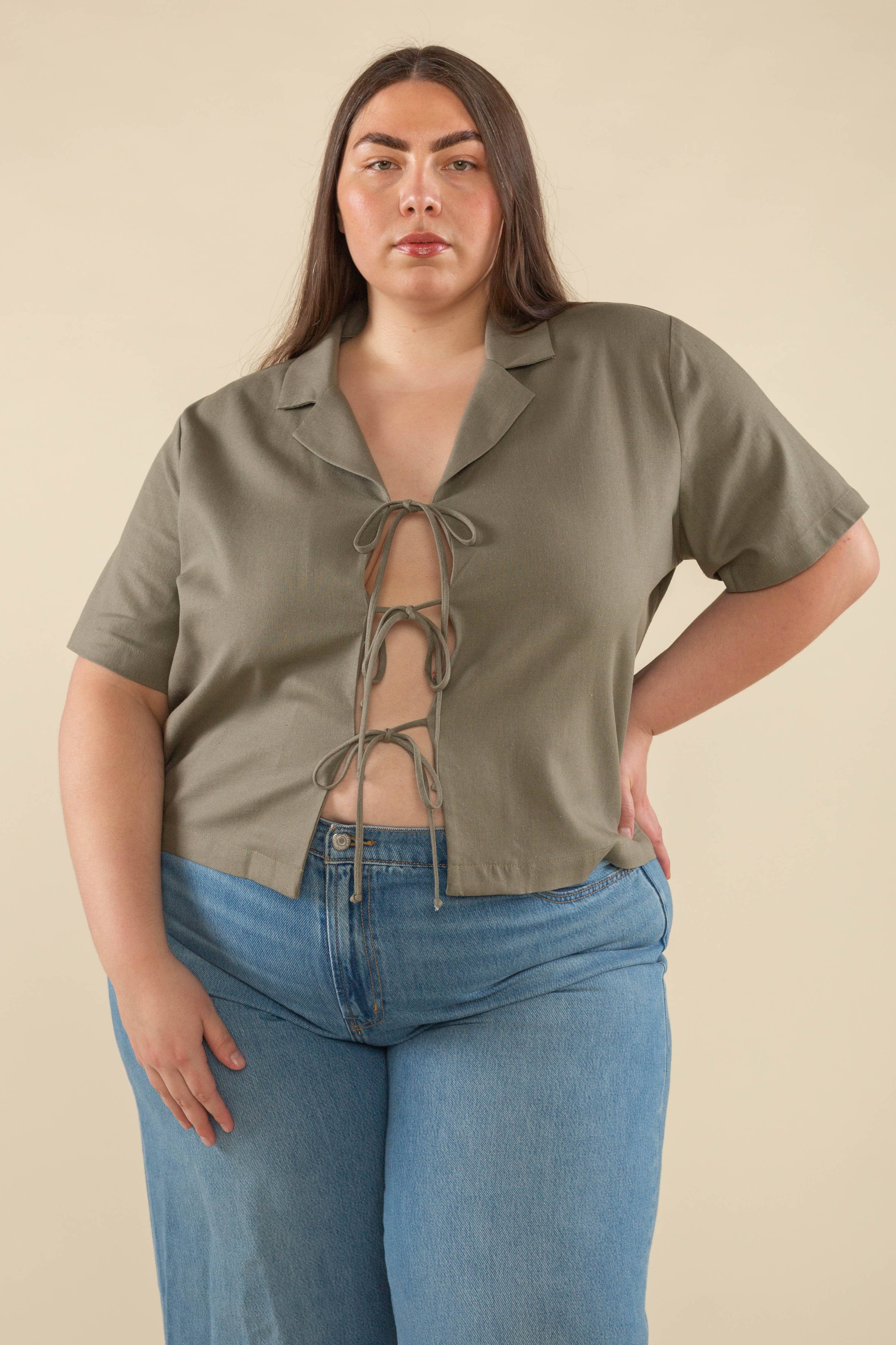 Nico Linen Short Sleeve Tie Blouse - Plus Size