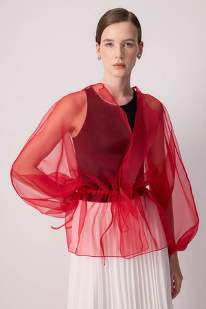 Sheer Organza Jacket with Waist Tie / Red