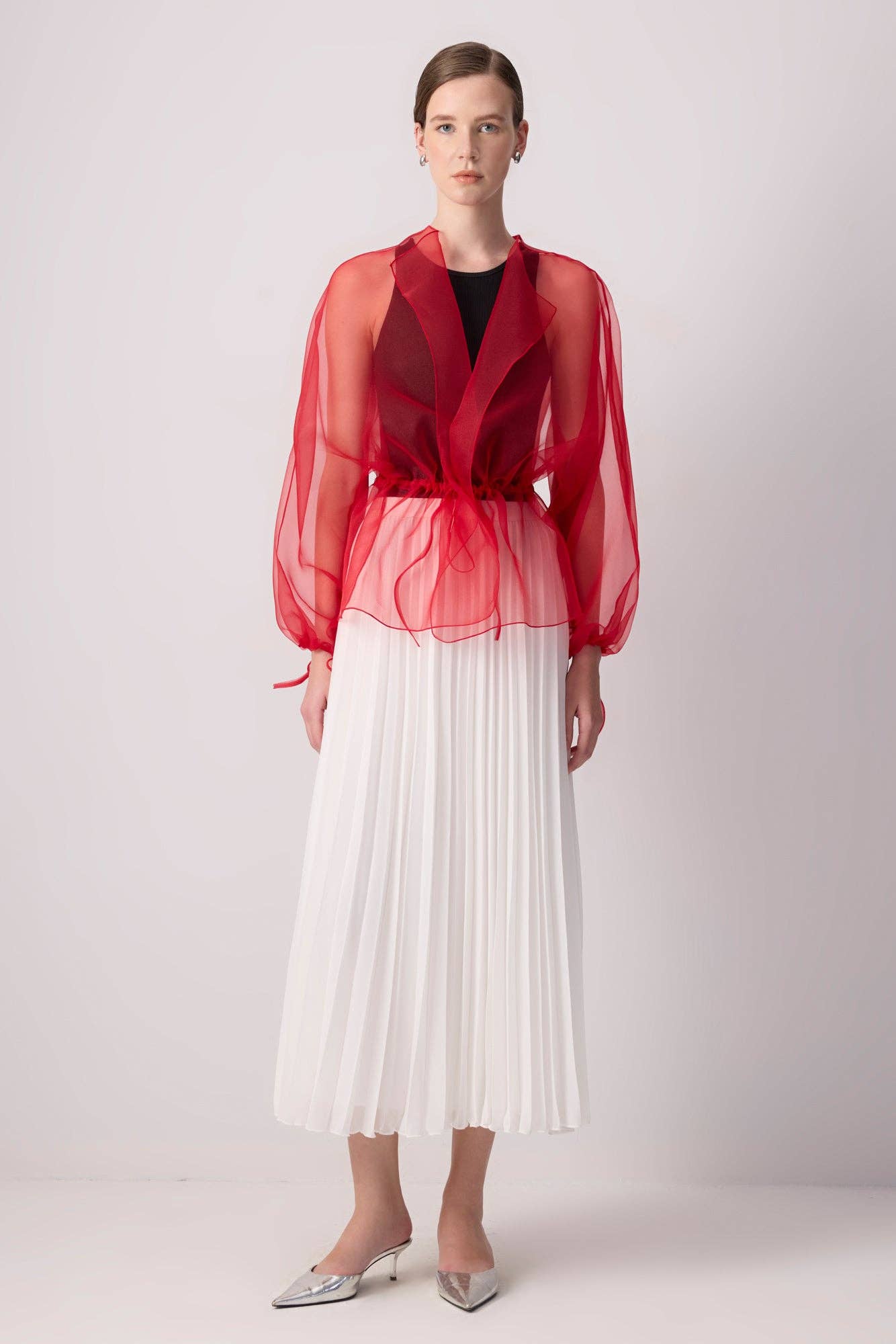 Sheer Organza Jacket with Waist Tie / Red