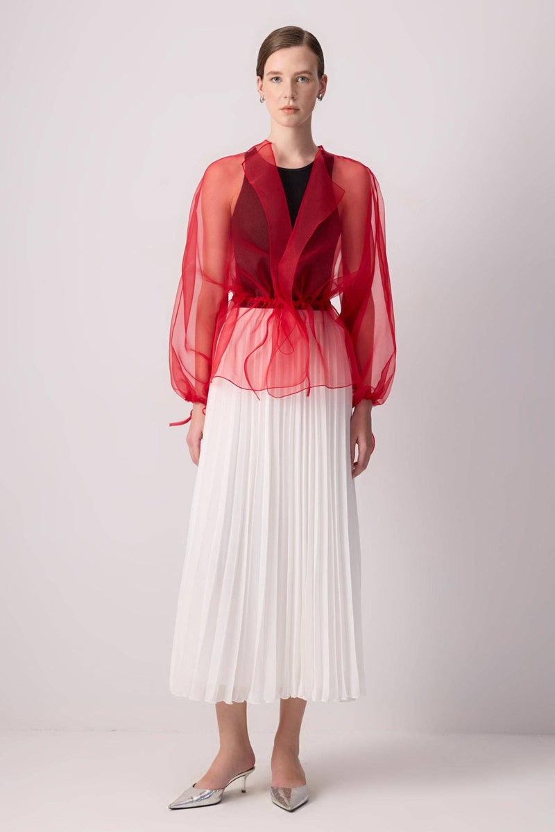 Sheer Organza Jacket with Waist Tie / Red