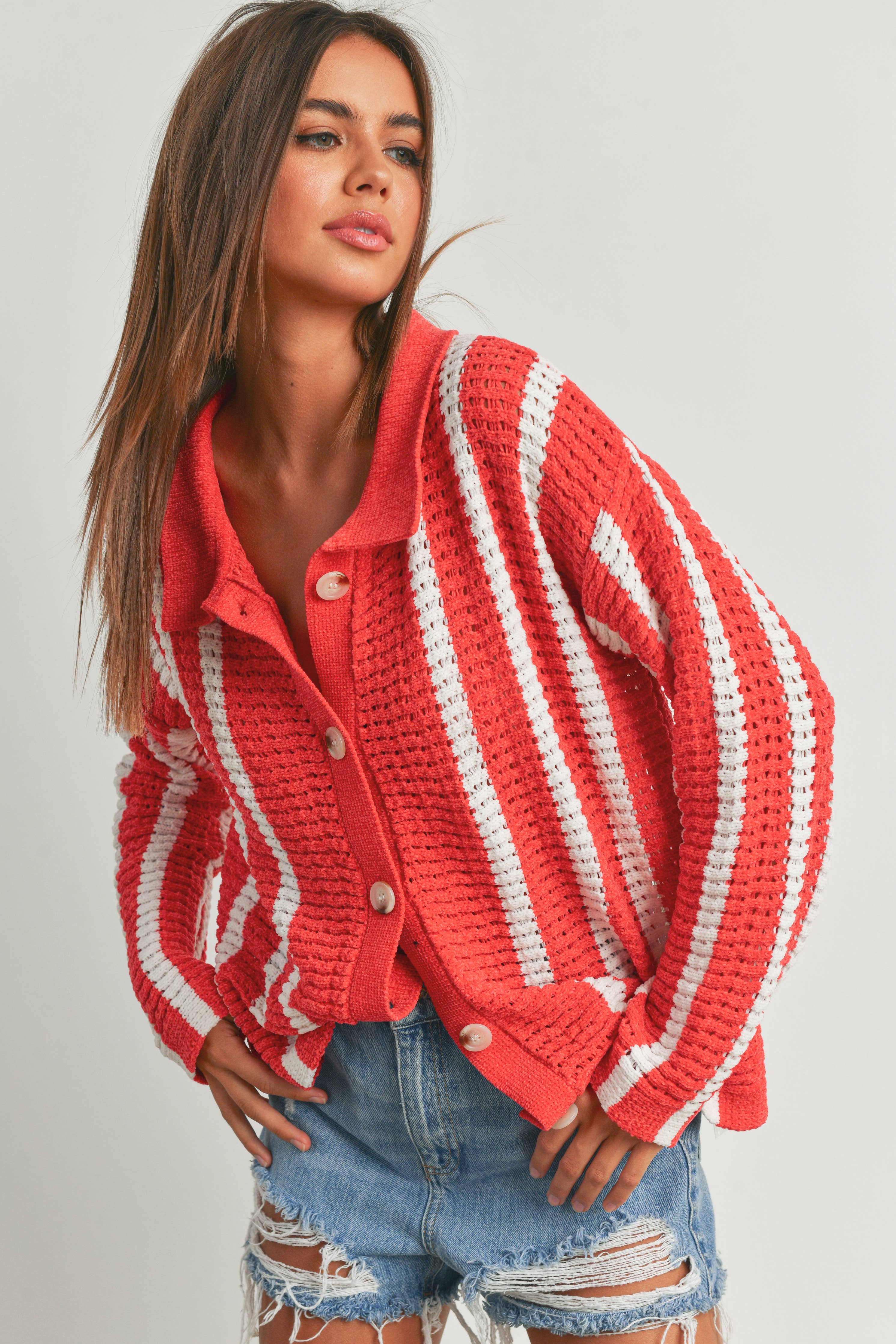 Red Stripe Chenille Cardigan