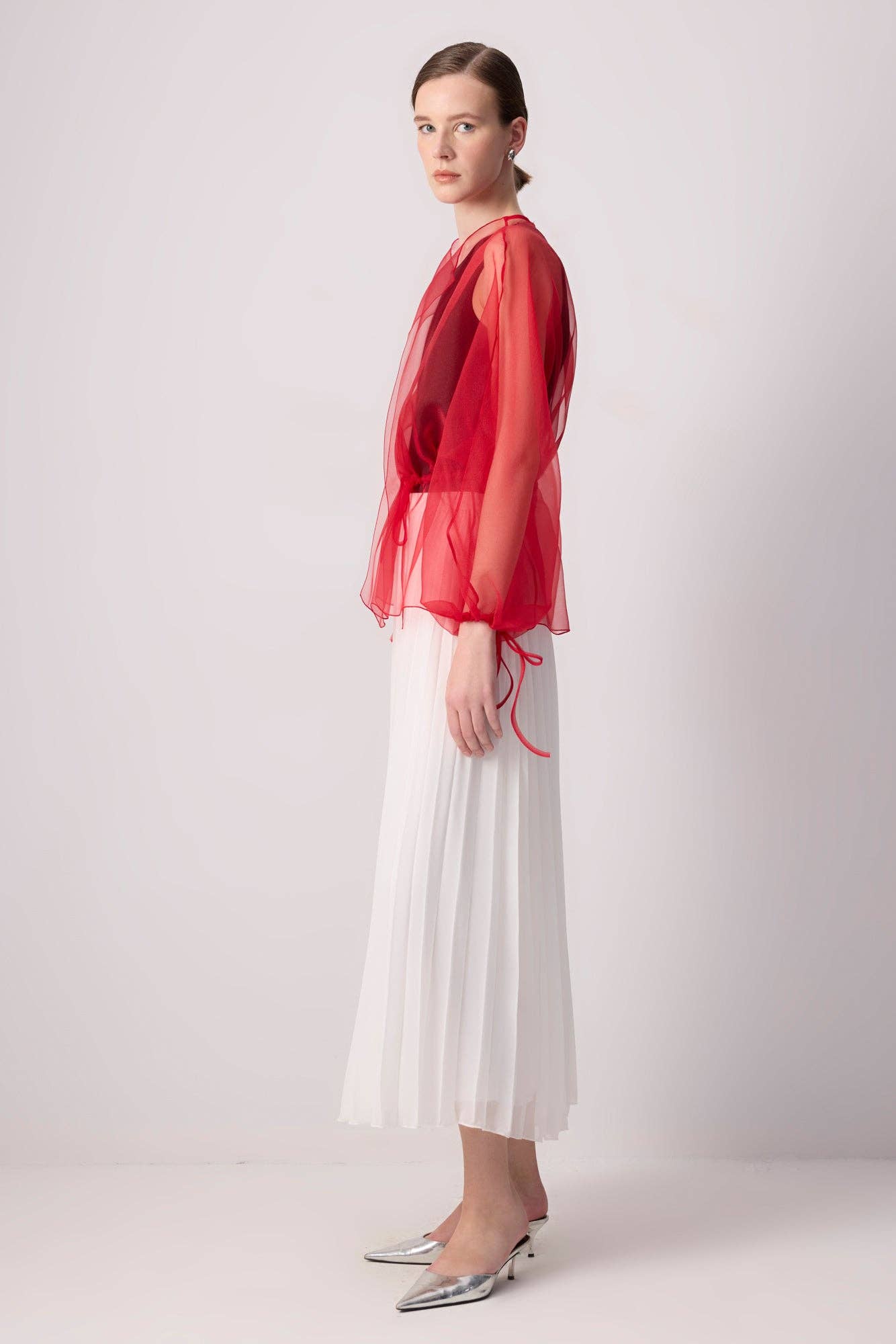 Sheer Organza Jacket with Waist Tie / Red