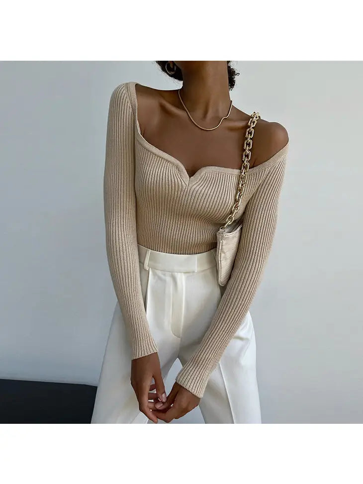 Elaine Portrait Neck Knit Top in Khaki