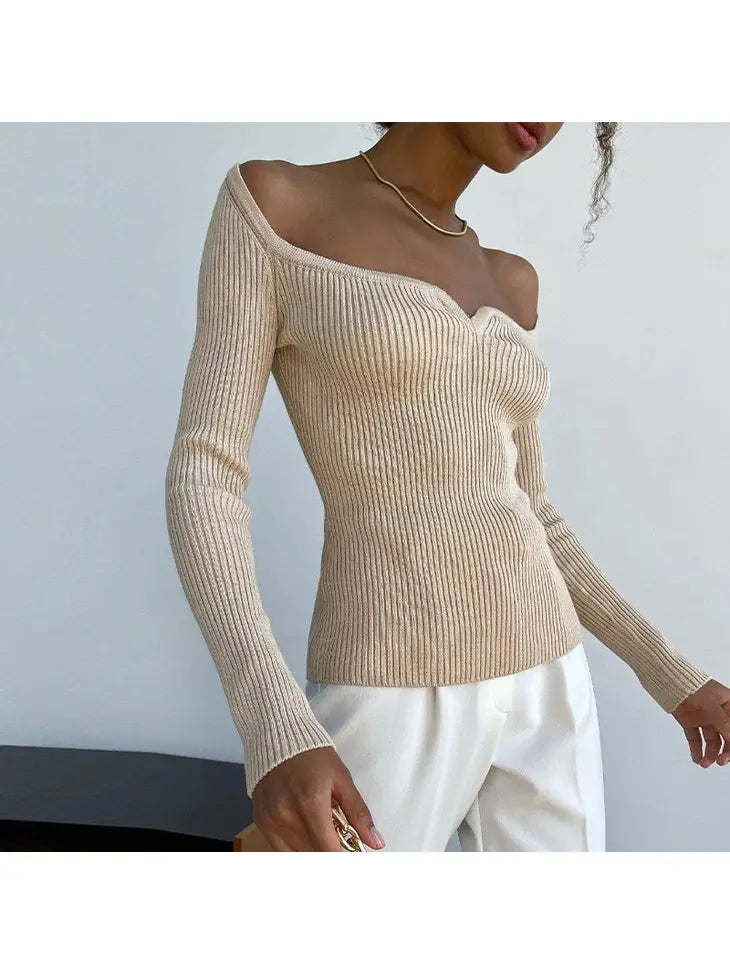 Elaine Portrait Neck Knit Top in Khaki