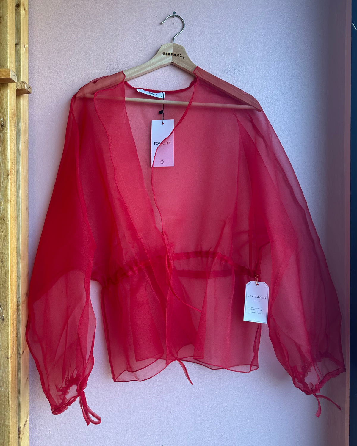 Sheer Organza Jacket with Waist Tie / Red
