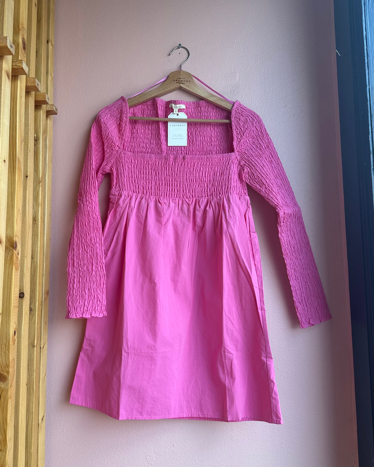 Delia Smocked Cotton Dress in Flamingo