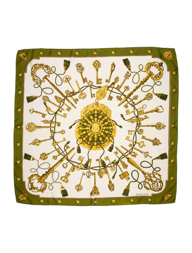 Vintage Hermès Les Clés Green Silk Carré 90 Scarf