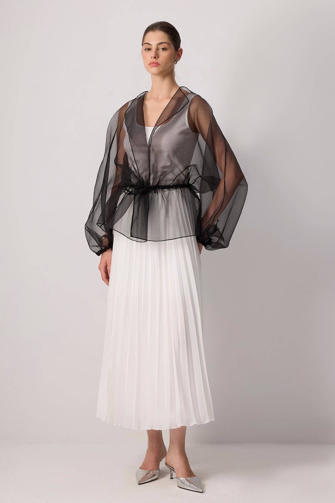 Sheer Organza Jacket with Waist Tie / Black