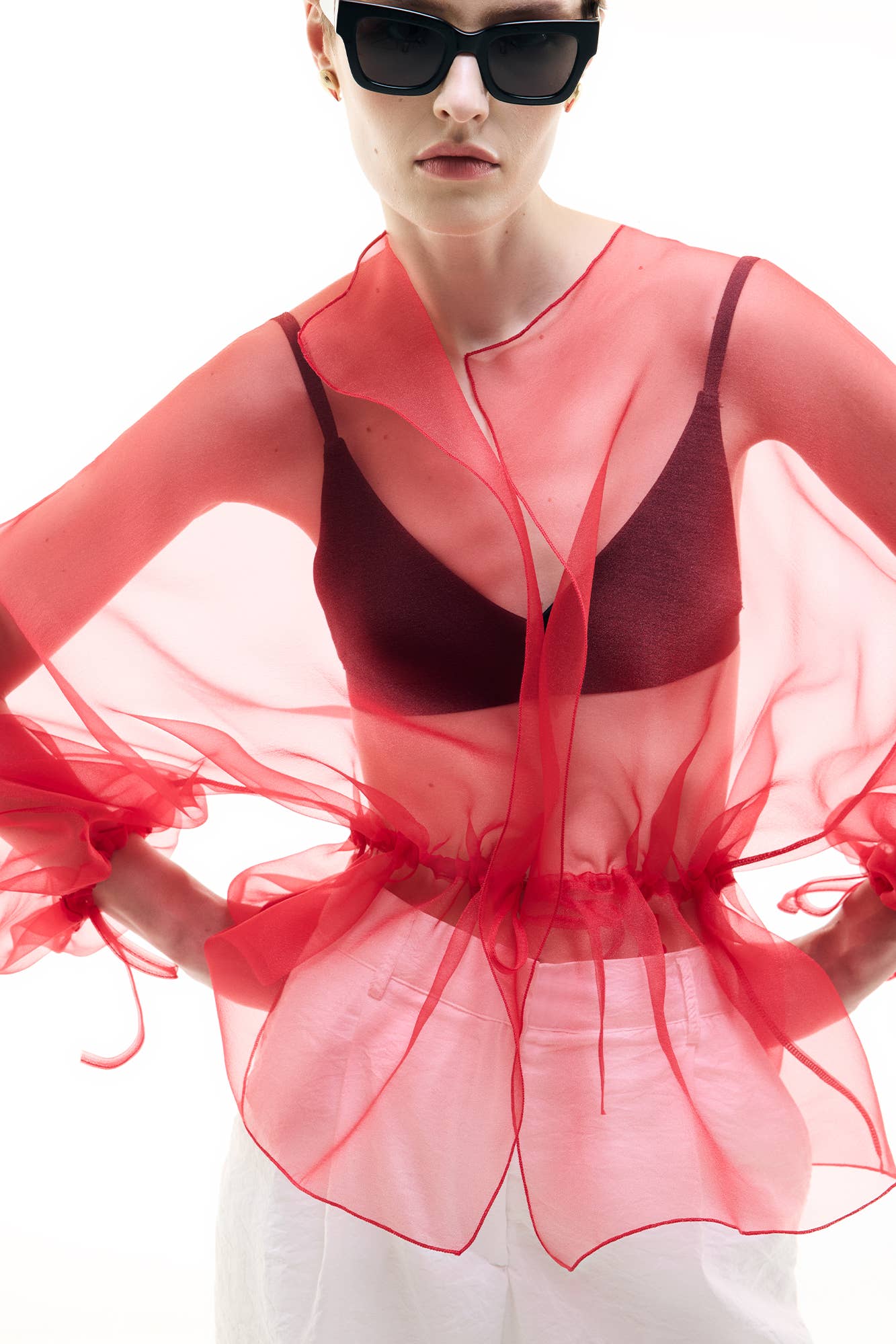 Sheer Organza Jacket with Waist Tie / Red