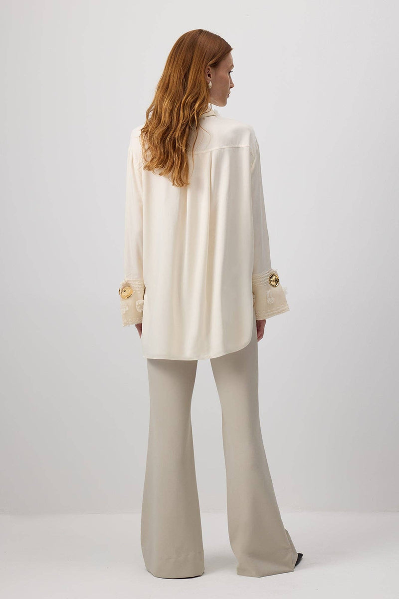 Embroidered Viscose Shirt With Flower Detailed Cuff