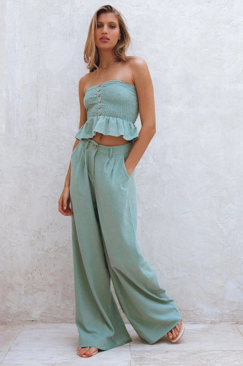 Raya Wide Leg Linen Pants in Sage