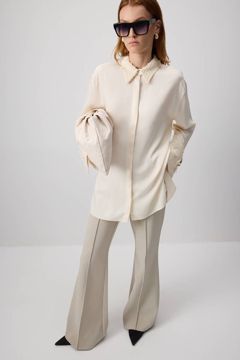 Embroidered Viscose Shirt With Flower Detailed Cuff