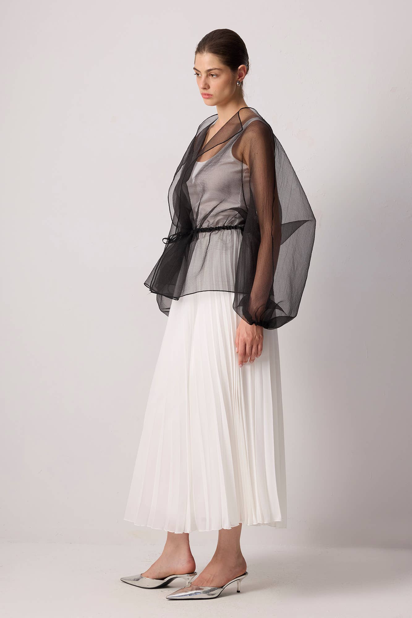 Sheer Organza Jacket with Waist Tie / Black