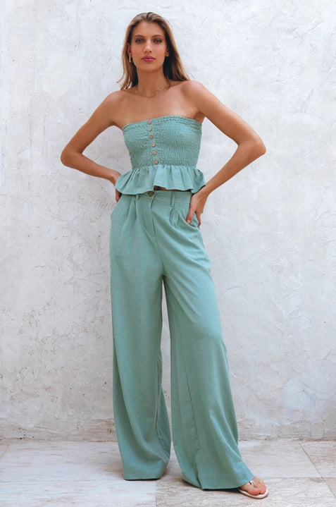 Raya Wide Leg Linen Pants in Sage