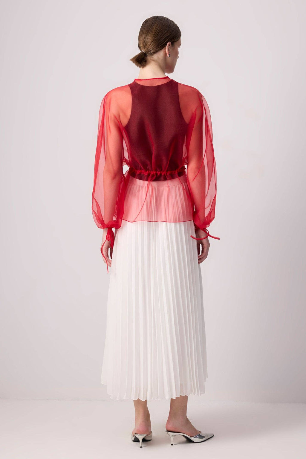 Sheer Organza Jacket with Waist Tie / Red