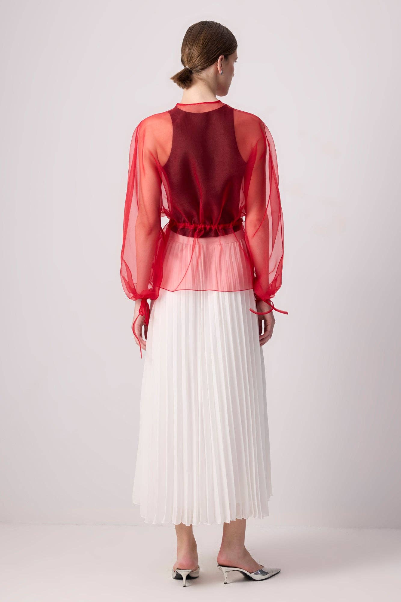 Sheer Organza Jacket with Waist Tie / Red