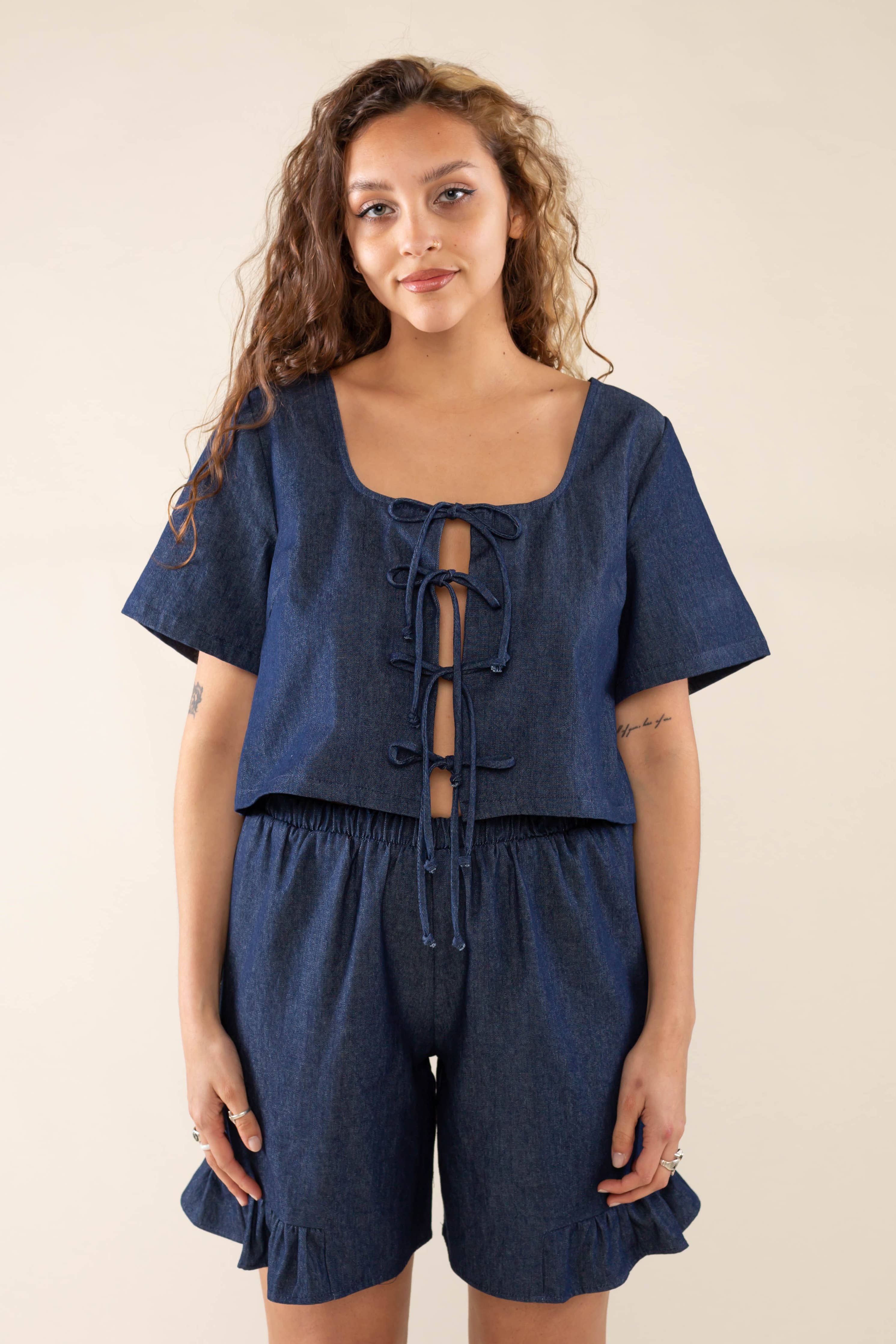 Denim Tie Short Sleeve - Plus Size