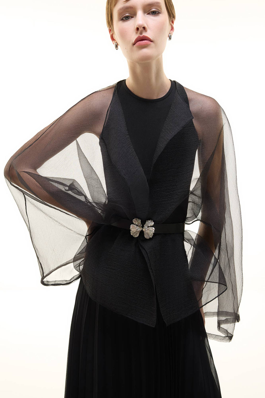 Sheer Organza Jacket with Waist Tie / Black