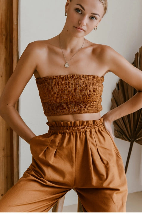 Leon Linen Smocked Top in Terra Cotta