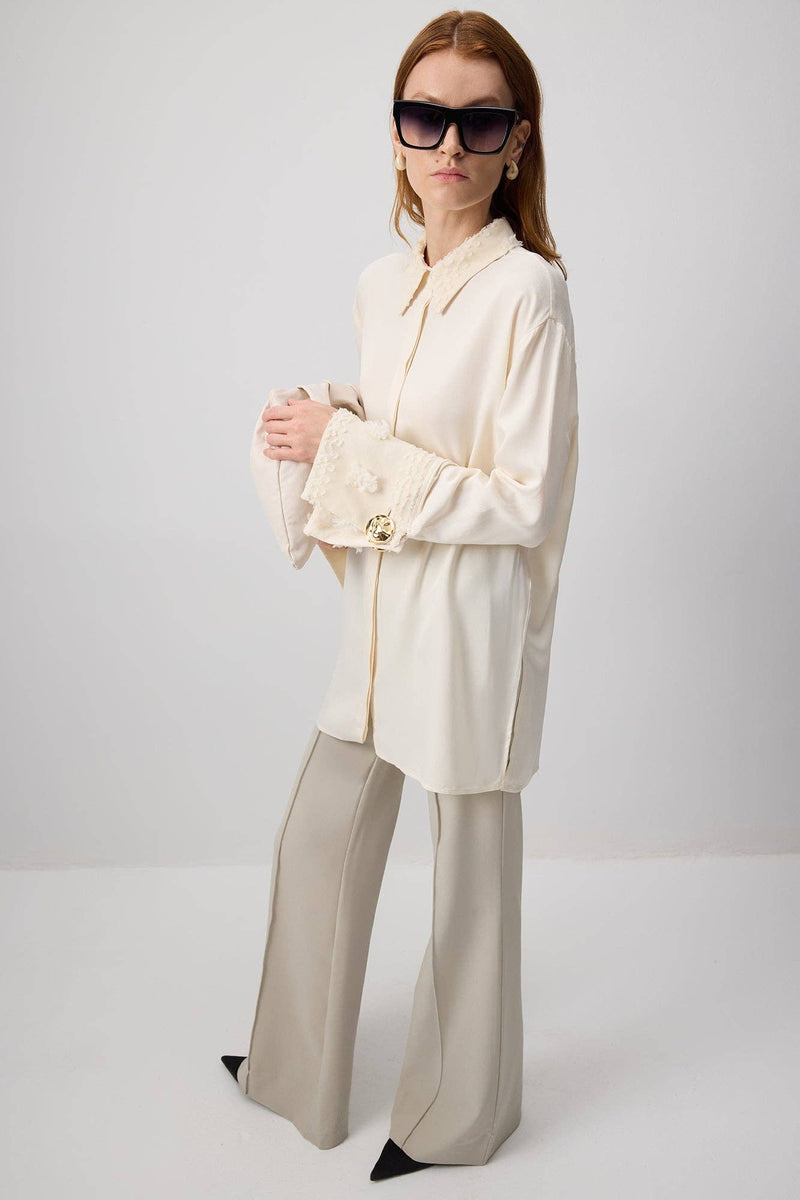 Embroidered Viscose Shirt With Flower Detailed Cuff