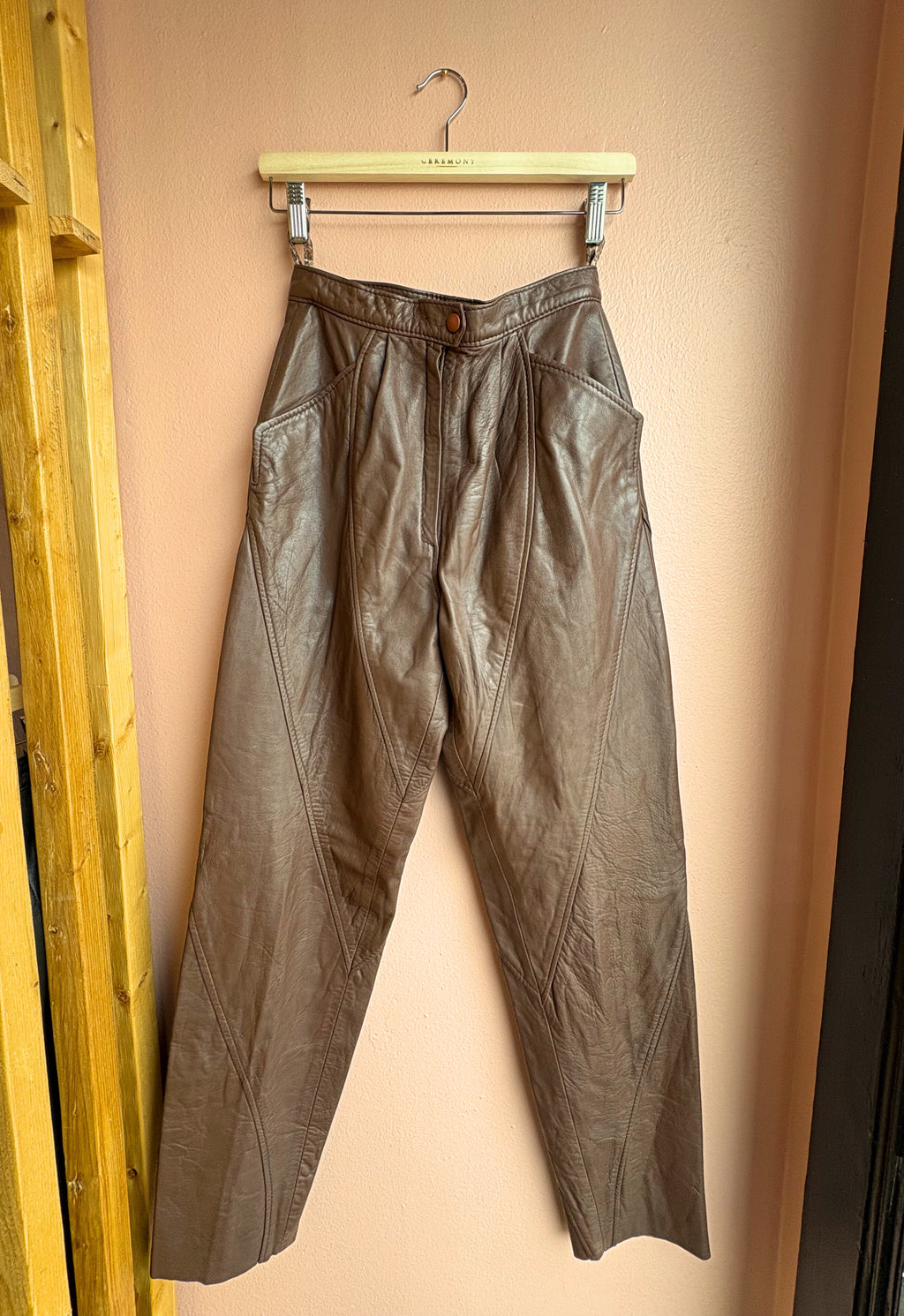 Chocolate Leather Straight Leg Pants / Size 44