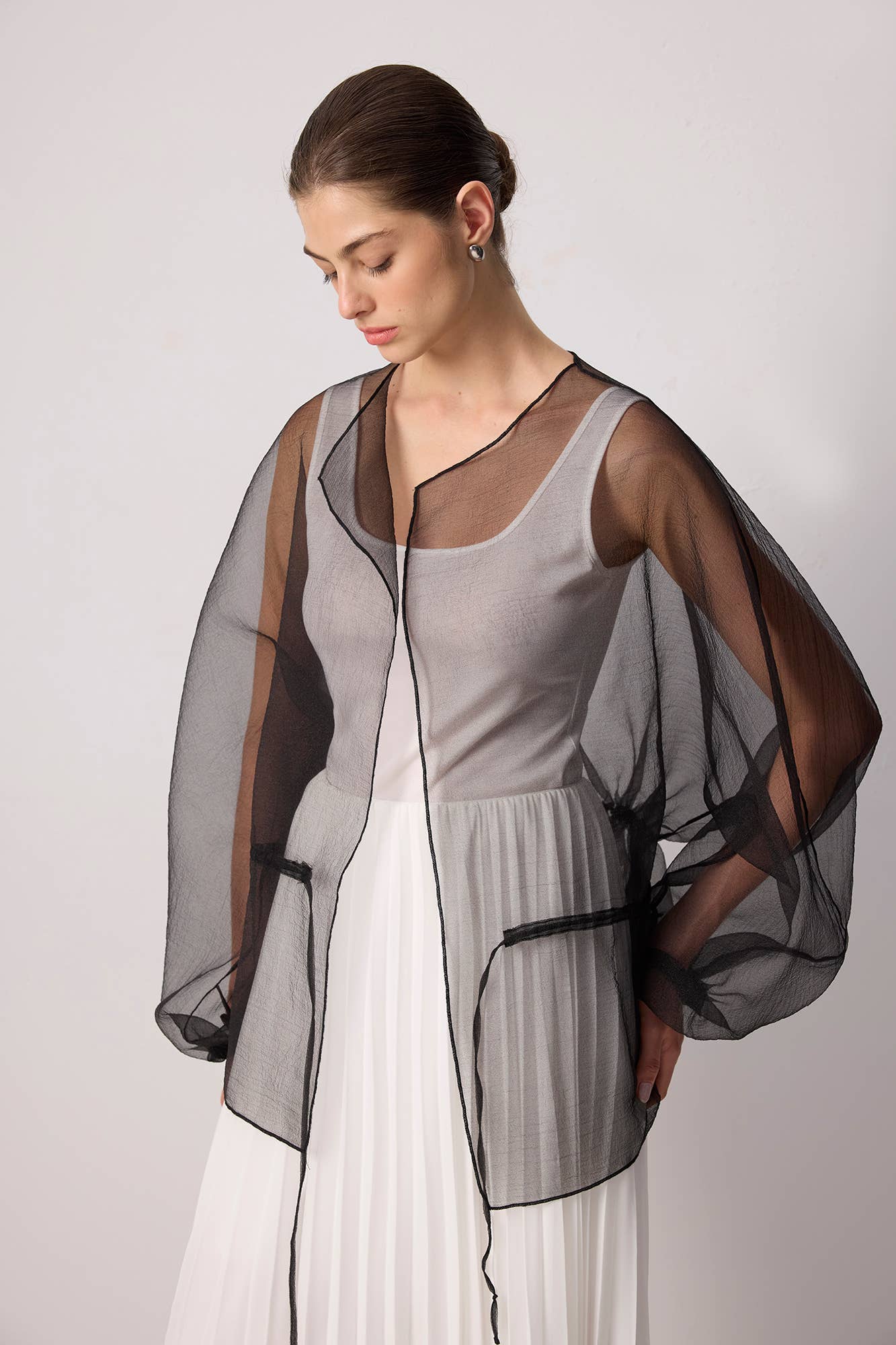 Sheer Organza Jacket with Waist Tie / Black