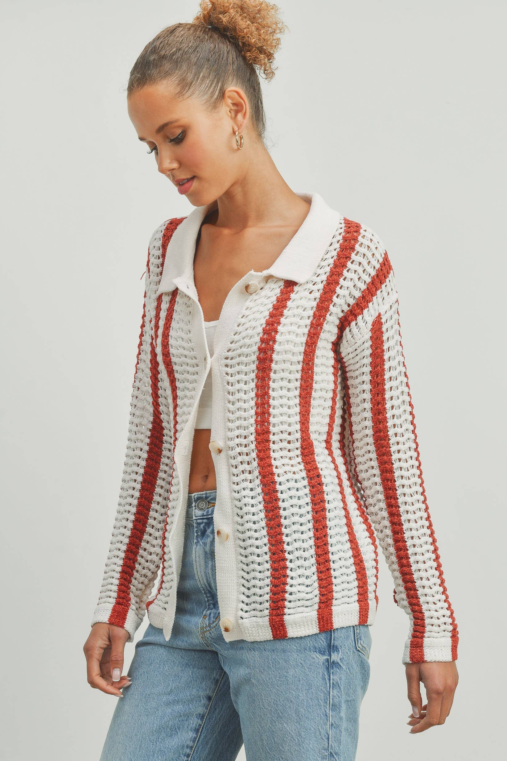 Red Stripe Chenille Cardigan