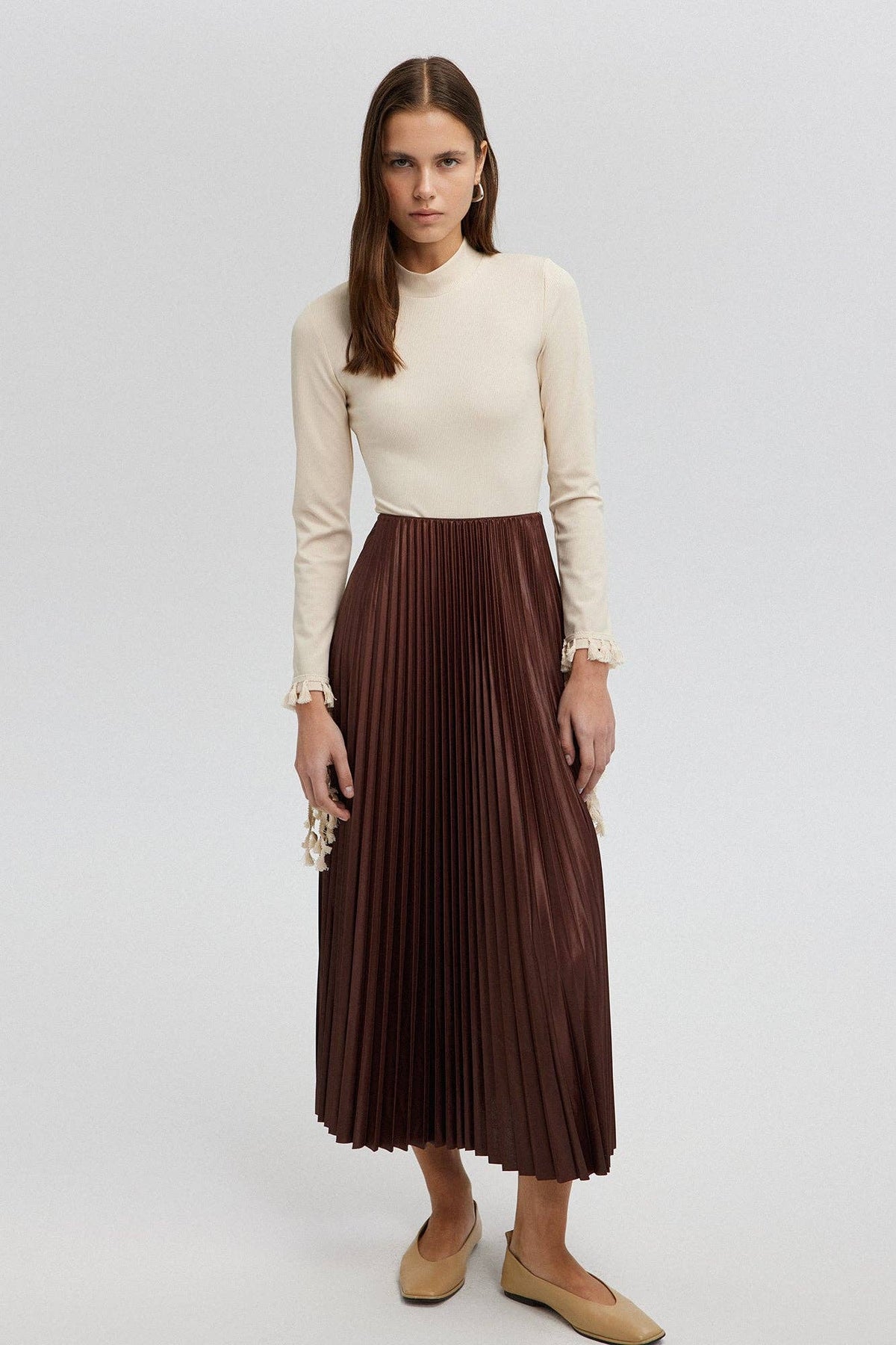 Brown Pleated Maxi Skirt / One Size
