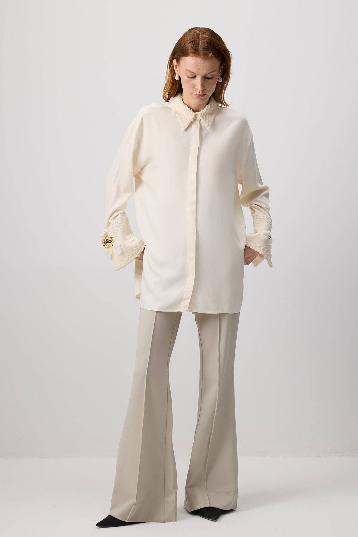 Embroidered Viscose Shirt With Flower Detailed Cuff