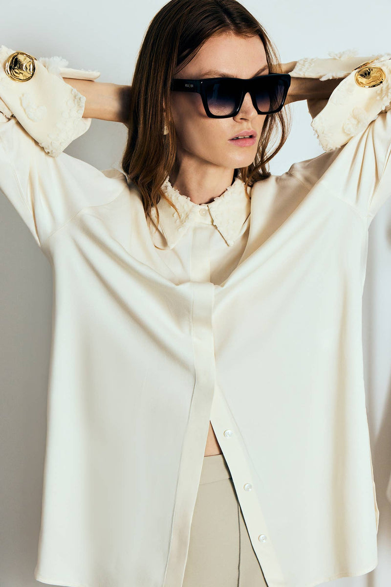 Embroidered Viscose Shirt With Flower Detailed Cuff